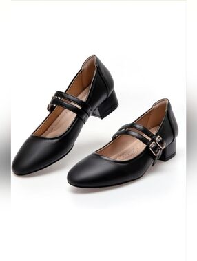 NWOT Hingswink Women's Black Double Strap Chunky Heel Mary Jane Pumps - Size 9